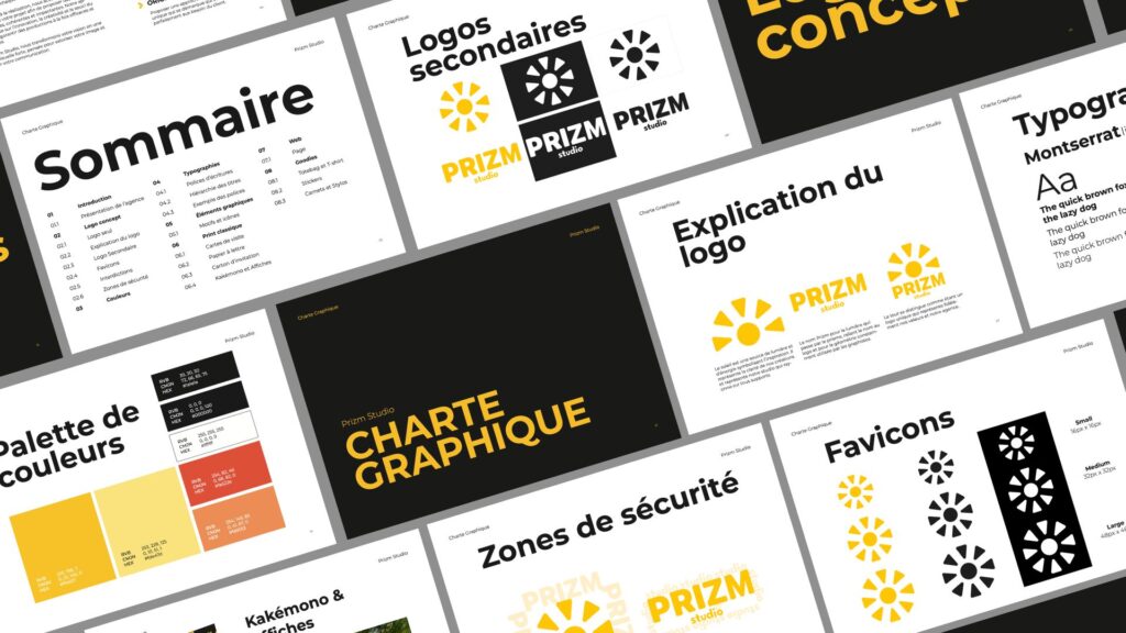 Planche contenant plusieurs pages de la charte graphique de Prizm Studio