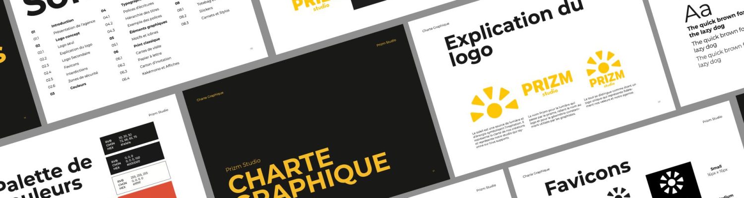 Planche contenant plusieurs pages de la charte graphique et l'identité visuelle de Prizm Studio